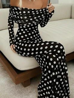 Best Long Sleeve Off-Shoulder Polka Dot Print Long Dress Black Dresses|Cocktail & Party Dresses