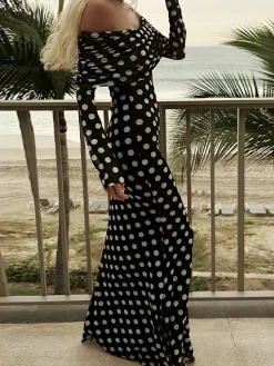 Best Long Sleeve Off-Shoulder Polka Dot Print Long Dress Black Dresses|Cocktail & Party Dresses