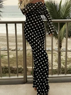 Best Long Sleeve Off-Shoulder Polka Dot Print Long Dress Black Dresses|Cocktail & Party Dresses