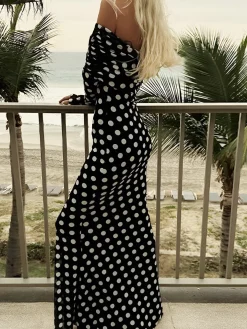 Best Long Sleeve Off-Shoulder Polka Dot Print Long Dress Black Dresses|Cocktail & Party Dresses