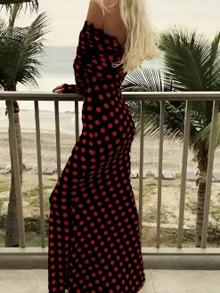Best Long Sleeve Off-Shoulder Polka Dot Print Long Dress Black Dresses|Cocktail & Party Dresses