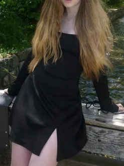 Discount Long Sleeve Split Tie Short Dress Black Dresses|Casual Dresses