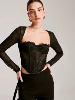 Sale Long Sleeve Sweetheart Lace Corset Corset Tops|Tops