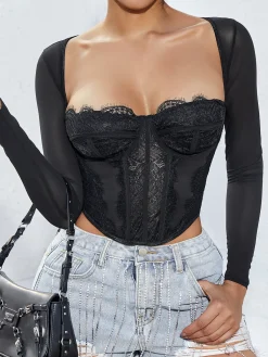 Sale Long Sleeve Sweetheart Lace Corset Corset Tops|Tops