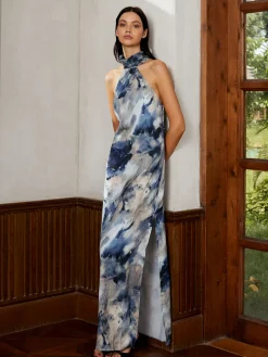 Hot Love Era Tie Dye Satin Halter Long Dress Cocktail & Party Dresses|Summer Dresses