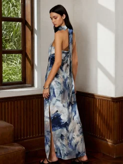 Hot Love Era Tie Dye Satin Halter Long Dress Cocktail & Party Dresses|Summer Dresses