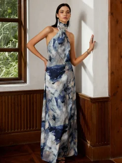 Hot Love Era Tie Dye Satin Halter Long Dress Cocktail & Party Dresses|Summer Dresses
