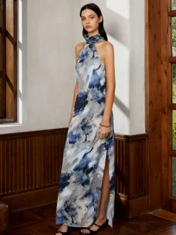 Hot Love Era Tie Dye Satin Halter Long Dress Cocktail & Party Dresses|Summer Dresses