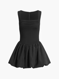 Low Cut Square Neck Short Dress Black Dresses|Casual Dresses