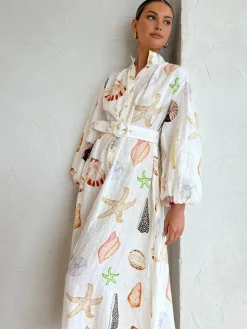 Sale Marine Life Print Button-Front Belted Long Dress White Dresses|Casual Dresses