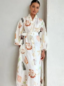 Sale Marine Life Print Button-Front Belted Long Dress White Dresses|Casual Dresses
