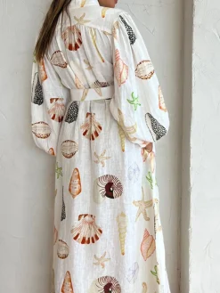 Sale Marine Life Print Button-Front Belted Long Dress White Dresses|Casual Dresses
