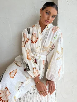 Sale Marine Life Print Button-Front Belted Long Dress White Dresses|Casual Dresses