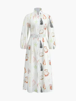 Sale Marine Life Print Button-Front Belted Long Dress White Dresses|Casual Dresses