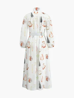 Sale Marine Life Print Button-Front Belted Long Dress White Dresses|Casual Dresses