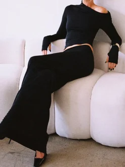 Online Matte Jersey One Shoulder Off Maxi Skirt Set Skirt Sets|Long Sleeve Sets