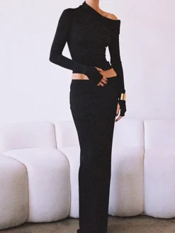 Online Matte Jersey One Shoulder Off Maxi Skirt Set Skirt Sets|Long Sleeve Sets