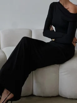 Online Matte Jersey One Shoulder Off Maxi Skirt Set Skirt Sets|Long Sleeve Sets