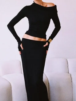 Online Matte Jersey One Shoulder Off Maxi Skirt Set Skirt Sets|Long Sleeve Sets