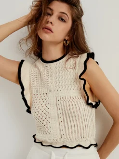 Sale Maze Crochet Eyelet Flounce Tank Top Sweater Vests|Sweaters & Cardigans