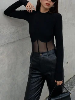 Clearance Mesh Combination Corset Long Sleeve Top Sweater Tops|T-shirts