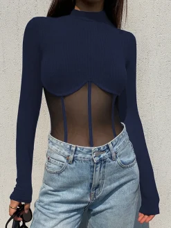 Clearance Mesh Combination Corset Long Sleeve Top Sweater Tops|T-shirts