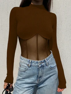 Clearance Mesh Combination Corset Long Sleeve Top Sweater Tops|T-shirts