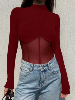 Clearance Mesh Combination Corset Long Sleeve Top Sweater Tops|T-shirts