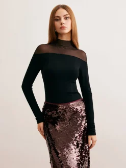 Hot Mesh Panel Jersey Skinny Blouse Blouses & Shirts|Tops