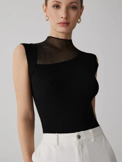 Best Mesh Patchwork Sleeveless Top Sweater Tops|Sweaters & Cardigans