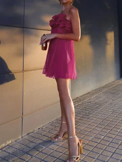 New Mesh Rosette Tube Pleat Short Dress Black Dresses|Cocktail & Party Dresses