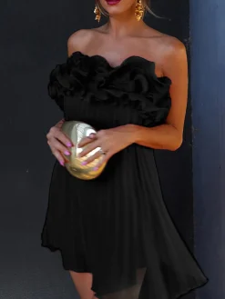 New Mesh Rosette Tube Pleat Short Dress Black Dresses|Cocktail & Party Dresses