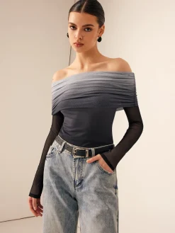 Best Mesh Ruched Off Shoulder Ombre Blouse Blouses & Shirts|Tops