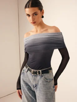 Best Mesh Ruched Off Shoulder Ombre Blouse Blouses & Shirts|Tops