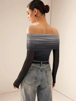 Best Mesh Ruched Off Shoulder Ombre Blouse Blouses & Shirts|Tops