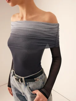 Best Mesh Ruched Off Shoulder Ombre Blouse Blouses & Shirts|Tops