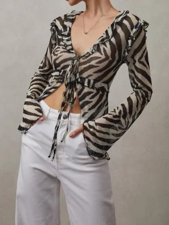 New Mesh Ruffle Detail Knotted Top Blouses & Shirts|Tops
