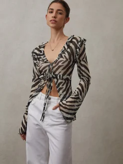 New Mesh Ruffle Detail Knotted Top Blouses & Shirts|Tops