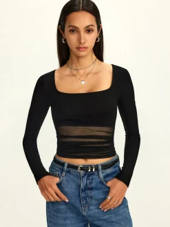 Best Mesh Square Neck Semi-Sheer Blouse Blouses & Shirts|Tops