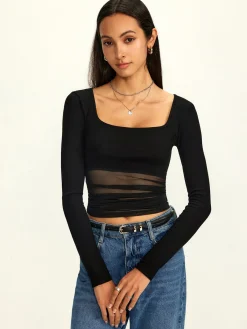 Best Mesh Square Neck Semi-Sheer Blouse Blouses & Shirts|Tops