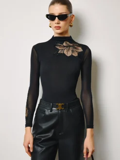 Clearance Mesh-Floral Slim Jersey Top Tops