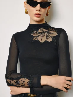 Clearance Mesh-Floral Slim Jersey Top Tops