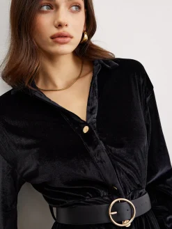 Sale Metal Button Belted Velvet Dress Black Dresses|Casual Dresses