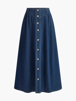 Sale Metal Button Pleated Denim Skirt Skirts