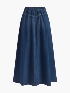 Sale Metal Button Pleated Denim Skirt Skirts