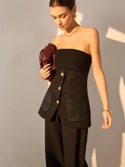 Hot Metal Button Pockets Slit Tube Top Tank Tops & Camis|Tops