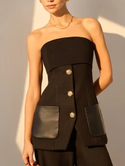 Hot Metal Button Pockets Slit Tube Top Tank Tops & Camis|Tops
