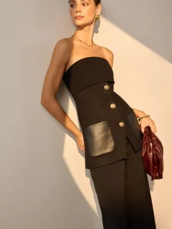 Hot Metal Button Pockets Slit Tube Top Tank Tops & Camis|Tops