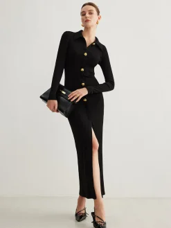Outlet Metal Button-Down Split Lapel Dress Black Dresses|Casual Dresses