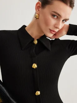 Outlet Metal Button-Down Split Lapel Dress Black Dresses|Casual Dresses